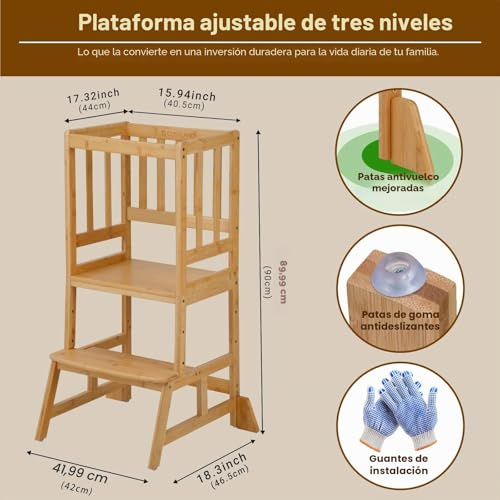Miniatura 2 de Cosyland Torre De Aprendizaje Montessori De Niños - Torre De Aprendizaje Para Bebés De 1 A 6 Años - 3 Niveles De Altura Regulable - Bambú