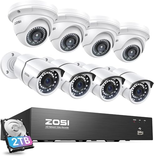 Image of ZOSI 4K PoE Home Security Camera System, 8pcs 5MP Wired Outdoor Indoor Surveillance IP Metal Cameras, Night Vision, Person Vehicle Detection, 8 Channel 8MP NVR with 2TB Hard Drive for 24 /7 Recording