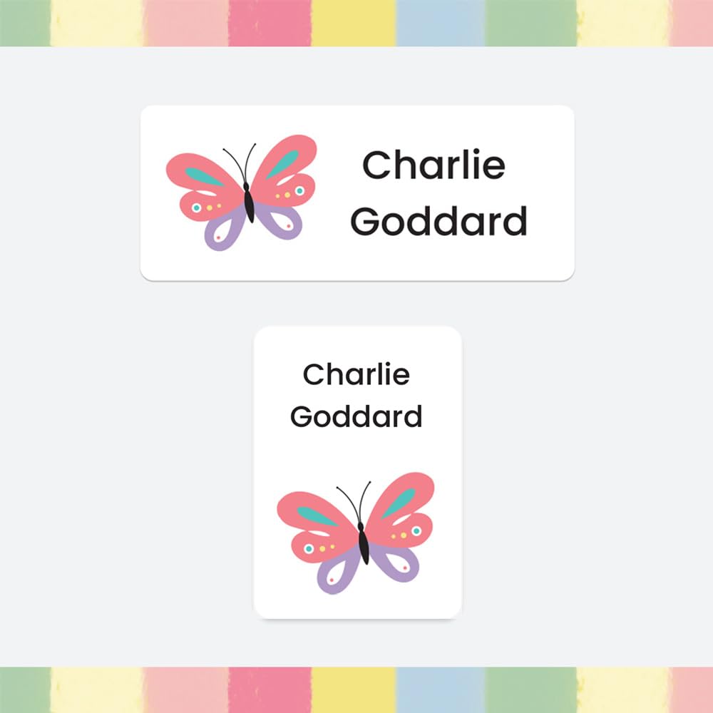 86 x Personalised Stick-On Waterproof Washable Name Labels Pack of 2 Sizes for Clothes, Water Bottles, School Uniform, Equipment, Shoes, School, Nursery, Day Care - Butterfly (SFP)