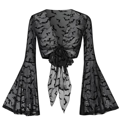 Image of For G and PL Women Tie Front Bell Sleeve Rave Crop Tops Floral Print Hippie Mesh Sheer Shirt