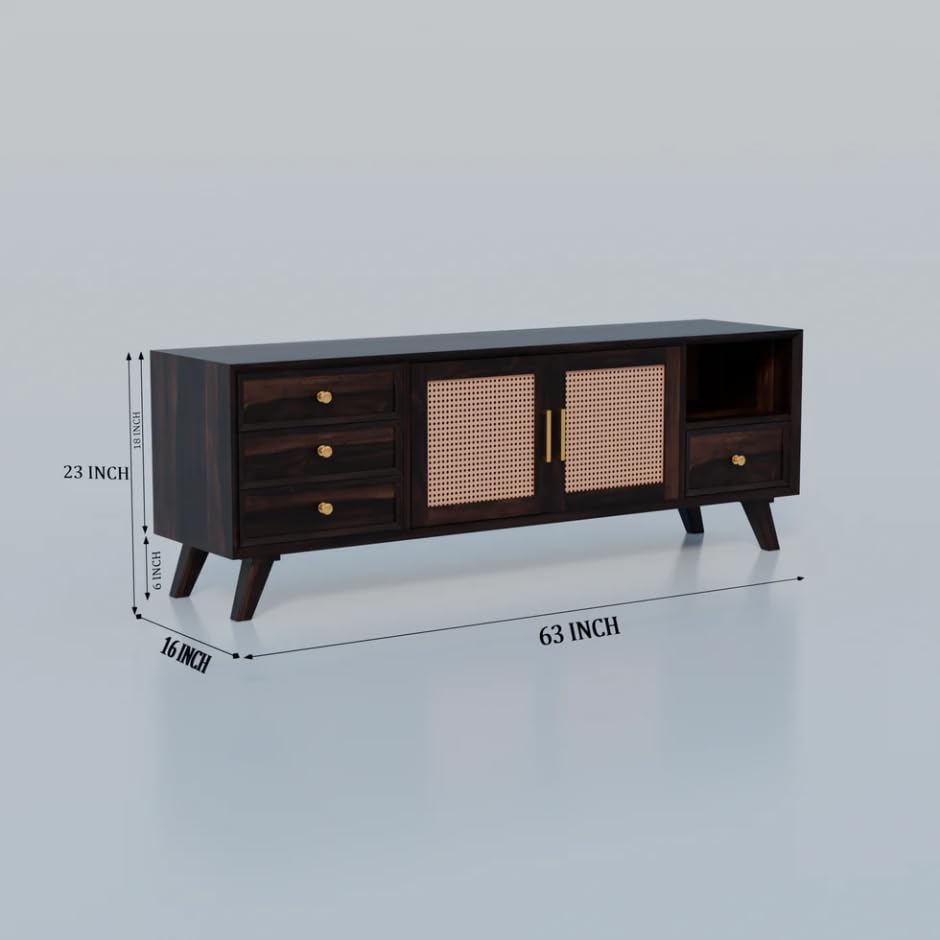 Image of Premium Solid Wood, 10 Minutes Assembly (Legs Only), Aesthetic Rattan Doors, Mid Century Entertainment Center for Living Room, TV Stand for 65 inch TV, Dark Chocolate (Walnut TK-27)