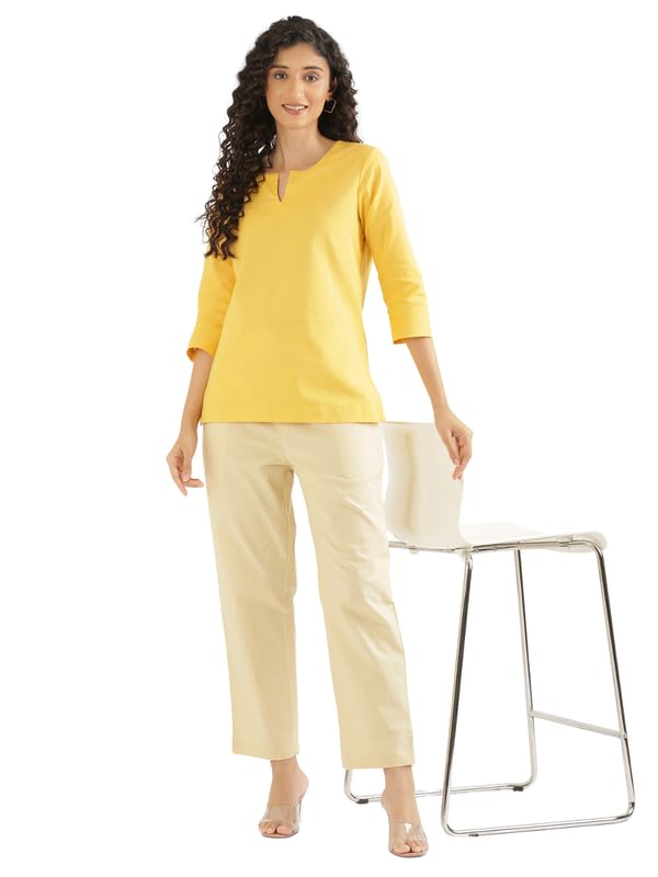 Image of SAADAA Airy Linen Split Neck Short Kurta for Women | Casual & Office Wear | 3 /4 Sleeves, Comfortable Fit | Elegant Top | Lightweight & Breathable Fabric |