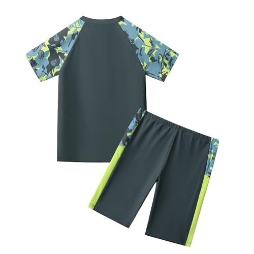 Image of Boys Swimsuits UPF50+UV Swimwear Set Two Piece Rash Guard with Hat for Kids 4-14 Years