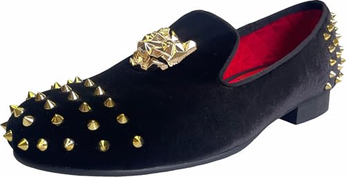 Justar Men's Spikes Dress Shoes Black Velvet Loafers with Gold Buckle Slip-On Slippers Flats