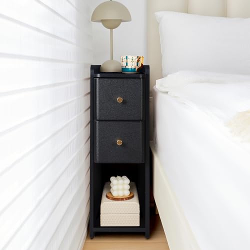 Image of FurSch Narrow Nightstand, Wooden 2 Drawer, Slim Side End Table, Black, 1 pc