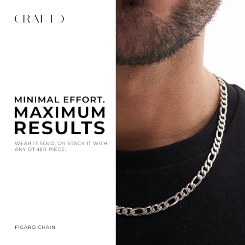 CRAFTD | Silver Figaro Link Chain | Durable Rhodium & 316L Stainless Steel | Waterproof, Heat & Sweat Resistant | Gifts for Men | Men's Jewelry |2