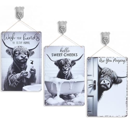 ForraFun 3 Set Highland Cow Sign Are You Pooping Sign Highland Cow Funny Metal Decor Vintage Bathroom Farmhouse Wall Art with Hooks and Jute Rope for Restroom Toilet Home Decoration
