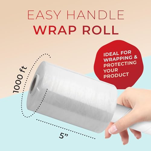 Heavy Duty Stretch Wrap Roll with Handle, 5 Inch x 1000 Feet | 80 Gauge Thick Mini Clear Stretch Wrap to Secure Moving Supplies (1 Pack)