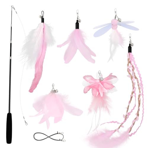 SONGWAY Cat Wand Toys for Indoor Cats - Cat Toy Set with Retractable Teaser Wand and 6 PCS Fairy Feather Toy Refills Dragonfly Tassel Plush Cat Toys Interactive Pink