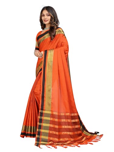 Image of Sidhidata Women's Cotton Blend Saree With Unstitched Blouse Piece (Payal Orange Orange Free Size)