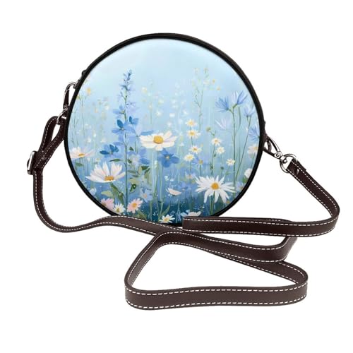 Sac à bandoulière rond marguerites femme sacoche cuir végétalien