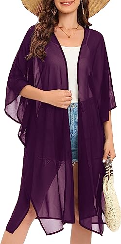 Image of Indian Trendy Women's Solid Puff Sleeve Kimono Long Cardigan Loose Cover Up Casual Blouse Top Chiffon