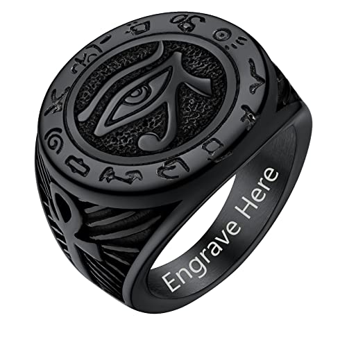 ChainsProMax Can Engrave Men Ancient Egyptian Eye of Ra Ankh Cross Ring, Size #7-#14, Stainless Steel/Gold Plated/Black (Send Gift Box)