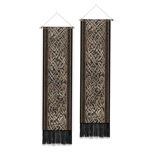 PLIGREAT 2 Pack Vintage Knot Pattern Long Tapestry Decorative Aesthetic Vertical Tapestry Vintage Wall Hanging with Tassels for Bedroom Living Room Home Decoration, 52 x 13 Inch