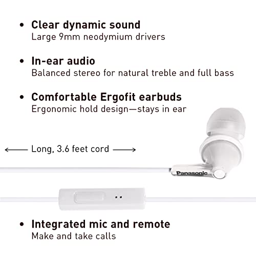 Image of Panasonic ErgoFit Earbud Headphones with Microphone and Call Controller Compatible with iPhone, Android and BlackBerry - RP-TCM125-W - in-Ear (White) (Pack of 10)