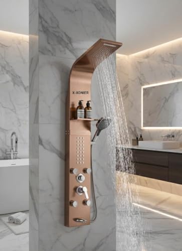 Image of X-Xonier 304 Grade Stainless Steel Shower Panel 6 in 1 Shower System Handshower with Waterfall Outlet Tub Spout Body Massage Spray With Hot &cold Mixer Rose Gold