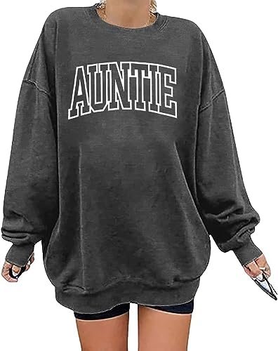 LOTUCY Womens Aunt Sweatshirt Cool Aunt Crewneck Sweatshirt Auntie Letter Print Long Sleeve Pullover Top Dark Grey