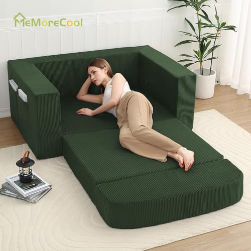 Sofá cama plegable de pana verde para recibir invitados en apartamentos compactos 5