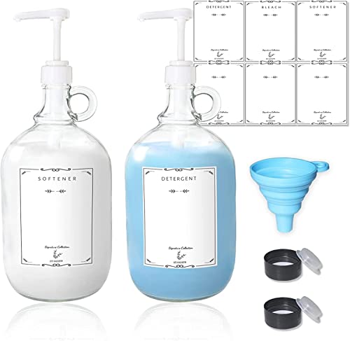 2 Pack Glas Waschmittelspender mit Pumpe für Waschküche, LyTaispuly Gallon Jar für Weichspüler Bleichmittel Seife, Bauernhaus Flasche für Wäsche Küche Decor(64 oz. mit Etiketten Trichter Messbecher Cover