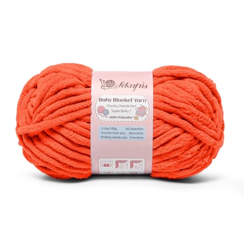 Image of 3.5 oz /49.2 yds Chunky Chenille Yarn for Crocheting, #7 Super Bulky Baby Blanket Yarn for Crocheting Soft, Fluffy Velvet Yarn for Knitting, Amigurumi Crochet Yarn for Crafts (Orange)