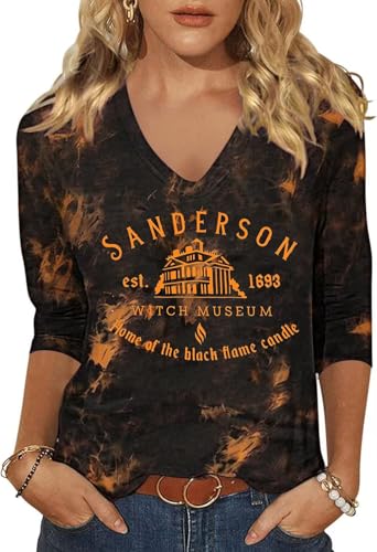 Scgirl Womens Fall Shirts Halloween V Neck 3-4 Length Sleeve Pumpkin T-Shirts Thanksgiving Graphic Tee Tops (L,HO SAN)