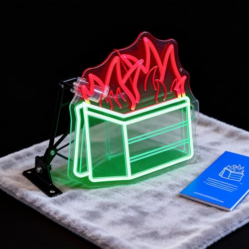 Image of Dumpster Fire Neon Sign, Red Flames & Green Dumpster, 12.8 inchx13.1 inch | LED Wall Art, Dimmable with 3-Button Controller, Includes Hooks, Chain & Wall Anchors, Sarcastic Gift for Women