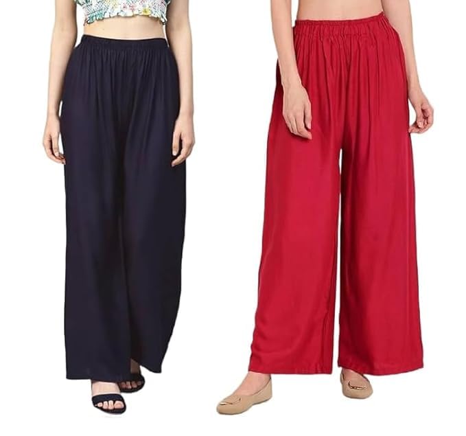 Image of Women's Solid Viscose Rayon Palazzo Pants | Wide Leg Loose Fit Trousers | Office, Casual Ethnic Bottom Wear | Combo Pack of 2