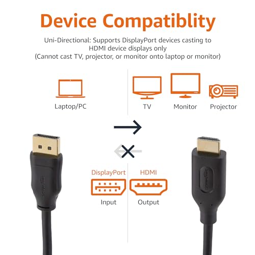 Image of Amazon Basics DisplayPort to HDMI Cable, Uni-Directional, Gold-Plated, Video and Audio, 6 ft, Black, Case of 52