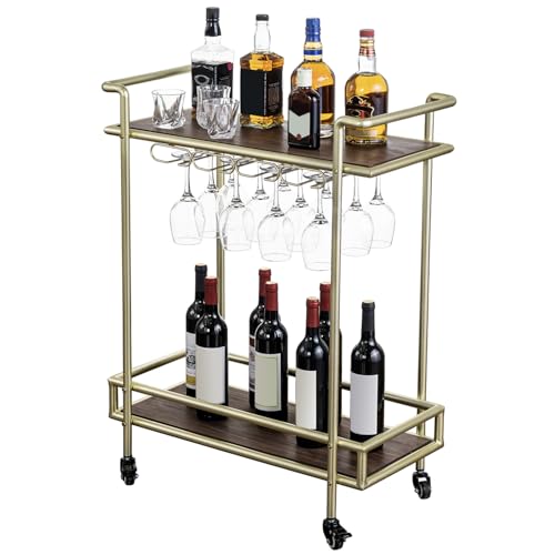 MyGift 2 Tier Rolling Bar Cart, Vintage Brass Tone Metal Cocktail and Wine Trolley with Burnt Wood...