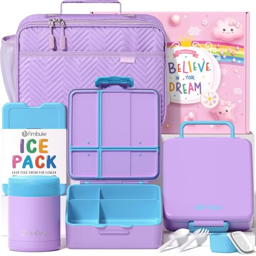 Fimibuke Kids Bento Snack Lunch Box with 4 Compartment, Insulated Bag, Stainless Steel Vacuum Food Jar, Ice Pack, Utensils Set, Birthday Gift for Age 3-12 Back to School Toddler Girl Boy