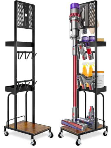 Image of Haturi Vacuum Stand for Dyson V16 Gen5 V15 V12 V11 V10 V8 V7 | Exclusively Designed for Dyson, Robust Base, Freestanding, Accessory Organizor with 6 Hooks & 2 Metal Baskets, Black