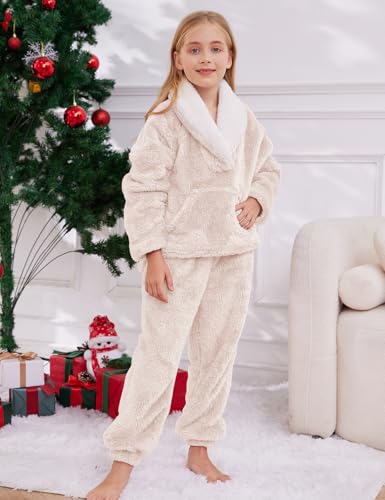 Gihuo Girls Fleece Pants Sets Fuzzy 2 Piece Outfits Lapel Collar Pullover Sweatshirt Set Sweatsuit 5-14Y3