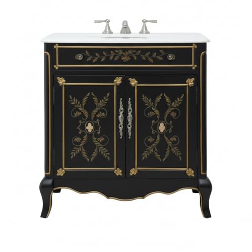 Decoroso 32" Bathroom Vanity with Sink, White Marble Top, Hand-Painted Black & Gold Floral Single Sink Vanity, Fully Assembled Traditional Antique Cabinet, 32.5"W, 8" Widespread