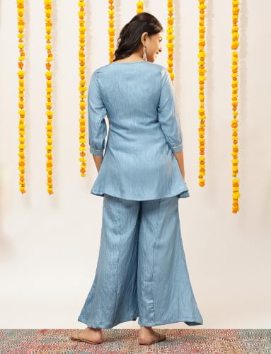 Image of Vbuyz Women Floral Embroidery Stylish A-Line Fandy Silk Kurta With Palazzo