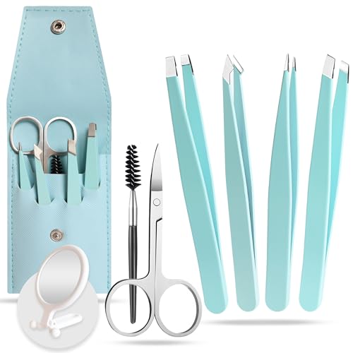 Pinzas cejas, pinzas depilar profesionales, con espejo aumento x10, Set 4 tipos pinza depilar, un...