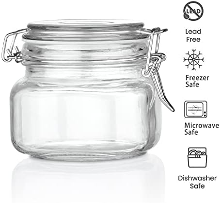 Amisglass Glass Storage Jars, Preserve Mason Jar with Clip Fasten, Pack of 6 Square Glass Jars With Leak Proof Rubber Gasket, for Canning, Sealing, Preserving, Meal Prep, Overnight Oats, Jam (600ML)