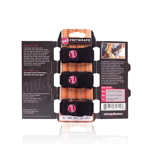 Image of Gruv Gear Fret Wrap & Guitar Mute MTD Edition, Fretwrap for Acoustic, Electric & Bass | String Dampener Recording, Tapping & Practice Accessory (3 Pack, Large MTD Edition, Fits 6 String Bass, 8