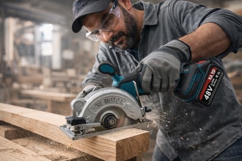 Image of KAITO 5 Inch Cordless Circular Saw (48V) | Brushless Motor Marble & Tile Cutter | 3000 RPM Portable Electric Saw | Wood, Metal, Ceramic Cutting Tool with 2 Batteries & Charger
