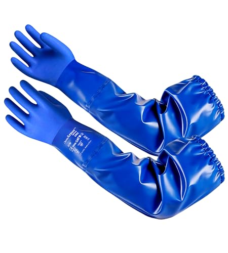 AnTools 25' Heavy-Duty PVC Chemical Gloves, Waterproof Long-Sleeve Work Gloves with Cotton Liner and Non-Slip Grip, for Lab, Pool Cleaning, Oil, and Industrial Work, Blue, Large