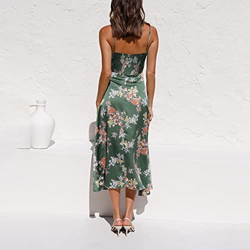 Image of Fashionme Women Spaghetti Strap Midi Satin Dresses Tie Front Backless Slit Cutout Dress Semi-Formal /Casual Flowy Lightweight