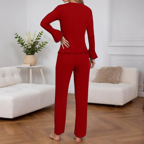 Loinjsnktng Button Up Pajamas For Women Long Sleeve Comfy Winter Sleepwear Nightwear Soft Pjs Lounge Set 2 Piece Fall Clothes Red - image 3