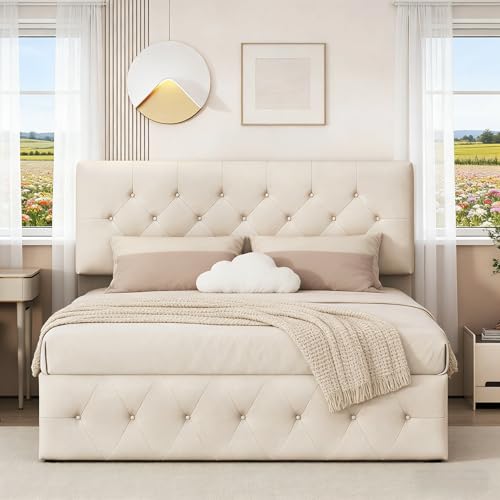 BRILVERDE Cama tapizada 160x200 con Almacenamiento hidráulico, Cama Doble, Cama Juvenil con cabecero y somier, Marco de Cama para Adultos, Terciopelo (Beige, 160x200 cm)