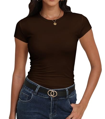 Roselux Women's Crew Neck Short Sleeve Fitted Shirts Basic Stretchy T-Shirt Summer Workout Casual Tops Brown,M,3027