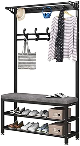 3-in-1 Entryway Hall Tree with 10 Hooks, Velvet Shoe Storage Bench, 2-Tier Metal Frame, Multifunctional Hallway Organizer, Easy Assembly, Modern Home Decor, White & Grey, 100x33x170cm