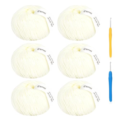 Acrylic Yarn for Crocheting Size 3, Reessy 786 Yards Soft DK Weight Yarn (CYC #3), No-Splitting and 2pcs Crochet Hooks for Beginners, Solid 6 Skeins for Small Crochet or Knitting Projects(White)
