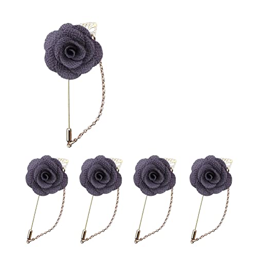 HAOSHICS Lot de 5 épingles à chaîne de fleurs artificielles, fleur en tissu avec chaîne, boutons pour costume de marié, homme pour mariage, bal, fête, performance sur scène (gris) Cover