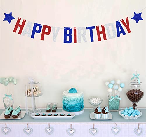 Image of 4th of July Happy Birthday Banner, Independence Day Birthday Party Decorations, Patriotic Independence Day Themed Birthday Decorations Blue Red White Glitter