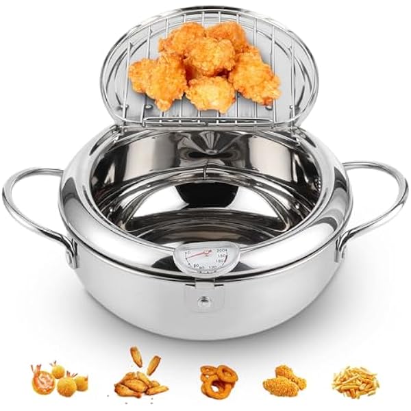 Japoński Garnek do Głębokiego Smażenia, Garnek do Smażenia Tempura z Termometrem Kompatybilny z kuchenką indukcyjną 24 Cm, Japoński Garnek do Smażenia ze Stali Nierdzewnej 304 do (Mały rozmiar 20 cm)