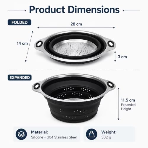 Mejoncb Collapsible Colander – Platinum Silicone Strainer with Stainless Steel Base, BPA-Free & Heat Resistant Kitchen Drain Basket (Black) by Mejnocb - Used condition - Image 3
