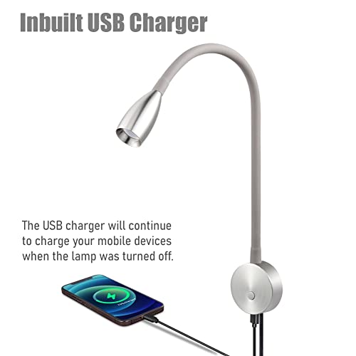 Acegoo Bedside Led Reading Light Flexible Gooseneck Wall Lamp With Usb Charger, Headboard Wall Surface Mount Dimmable Book Light, With Plug-In Power Adapter (Nickel Finish) #TOP4